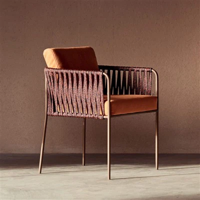 Chaise de salle à manger d'extérieur en corde tressée en métal avec coussin